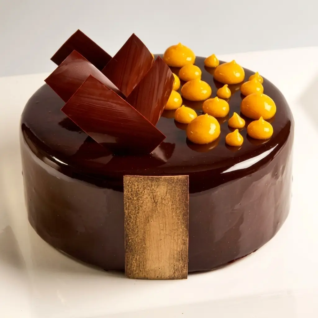 Glossy chocolate cake decorated with orange cream, chocolate pieces and gold detail
